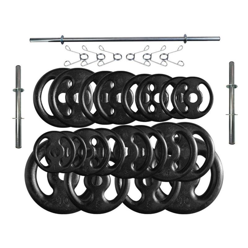 Kit com 70 Kg de Anilhas Ferro Fundido + Barras de Supino e Halteres