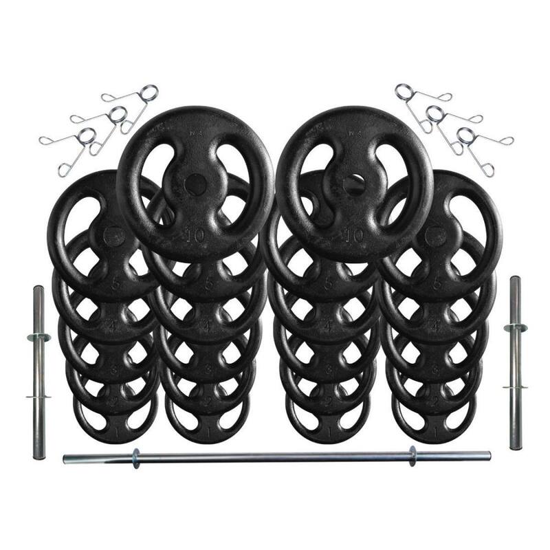 Kit com 80 Kg de Anilhas Ferro Fundido + Barras de Supino e Halteres