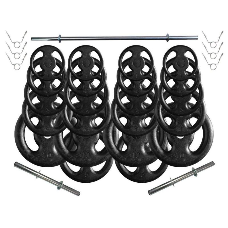 Kit 90 Kg de Anilhas Ferro Fundido + Barras de Supino e Halteres