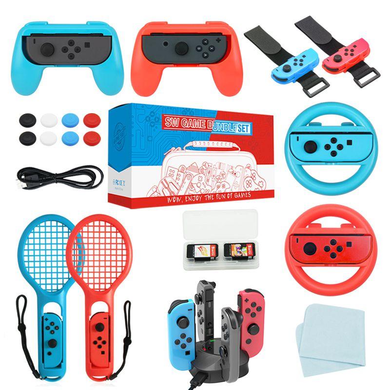 Kit Acessórios Nintendo Switch 20 em 1 - Carregador Volante Raquete Pulseira Grips Cabo