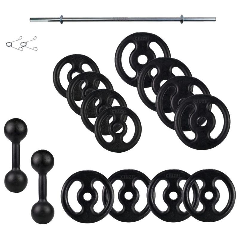 Kit Anilhas de Ferro 40Kg + Barra 120cm e Par de Halter de 5Kg