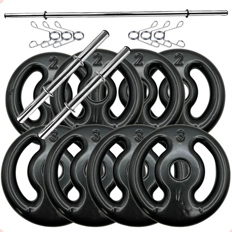 Kit Anilhas Emborrachadas Preta 20 Kg + Barras com Presilhas