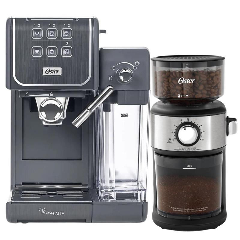 Kit Cafeteira Espresso PrimaLatte Touch e Moedor de Café Precision 18 níveis Oster