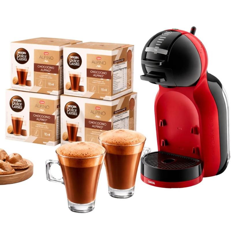 Kit Cafeteira Expresso Arno Dolce Gusto Mini Me Vermelha 127V 2 Xícaras 40 Cápsulas Alpino Café Rápido e Sabor Intenso