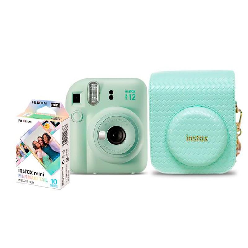 Kit Câmera Analógica Fujifilm Instax Mini 12 Verde Mermaid com Bolsa e Pack com 10 Filmes