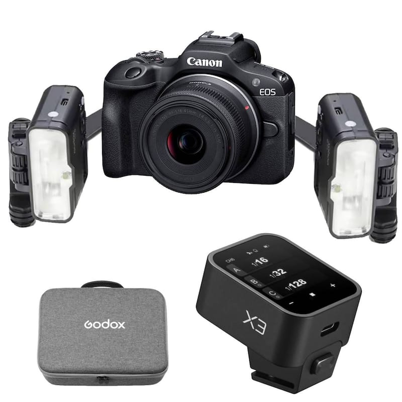 Kit Camera Fotografia Odonto Canon R100 18-45mm Com Flash Macro Godox Mf12-k3
