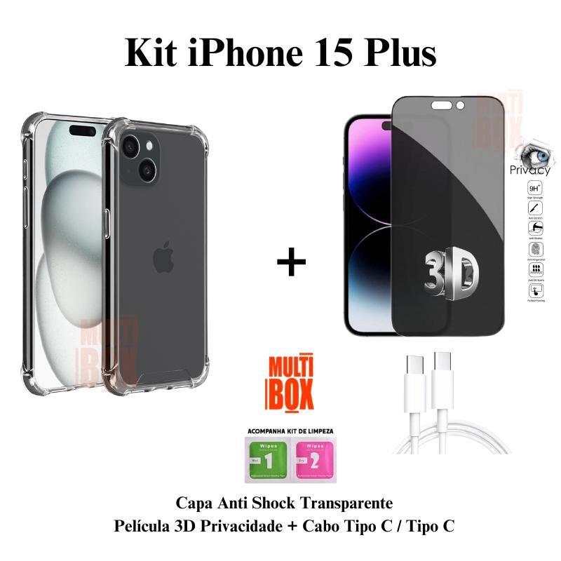 Kit Capa + Película Privacidade 3D de Vidro + Cabo Carregador Tipo C - Tipo C para Iphone 15 15 PRO 15 PRO MAX 15 PLUS