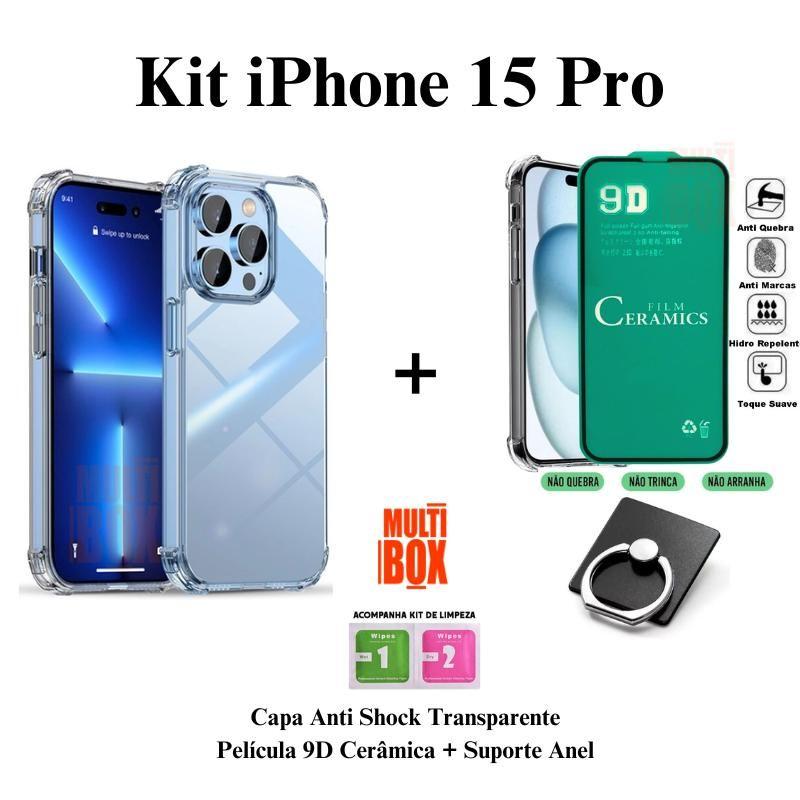 Kit Capinha Anti Impactos + Película Frontal de Cerâmica 9D + Suporte de Anel para Iphone 15 15 Pro 15 Pro Max 15 Plus