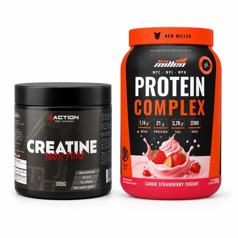 Kit Creatina Monohidratada 300g 4Action + Protein Complex 900g New Millen Sabor Iogurte de Morango