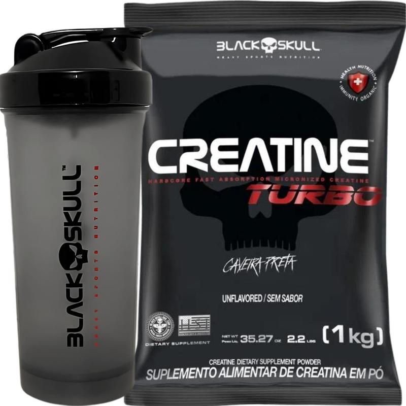 Kit Creatina Turbo 1kg Coqueteleira Black Skull Alta Performance Força Energia e Ganho de Massa Muscular