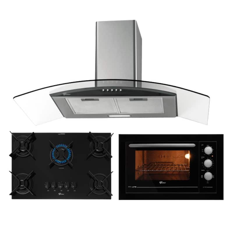 Kit Fit Line Fischer Forno Preto Coifa Cooktop 5B Aramado e Microondas