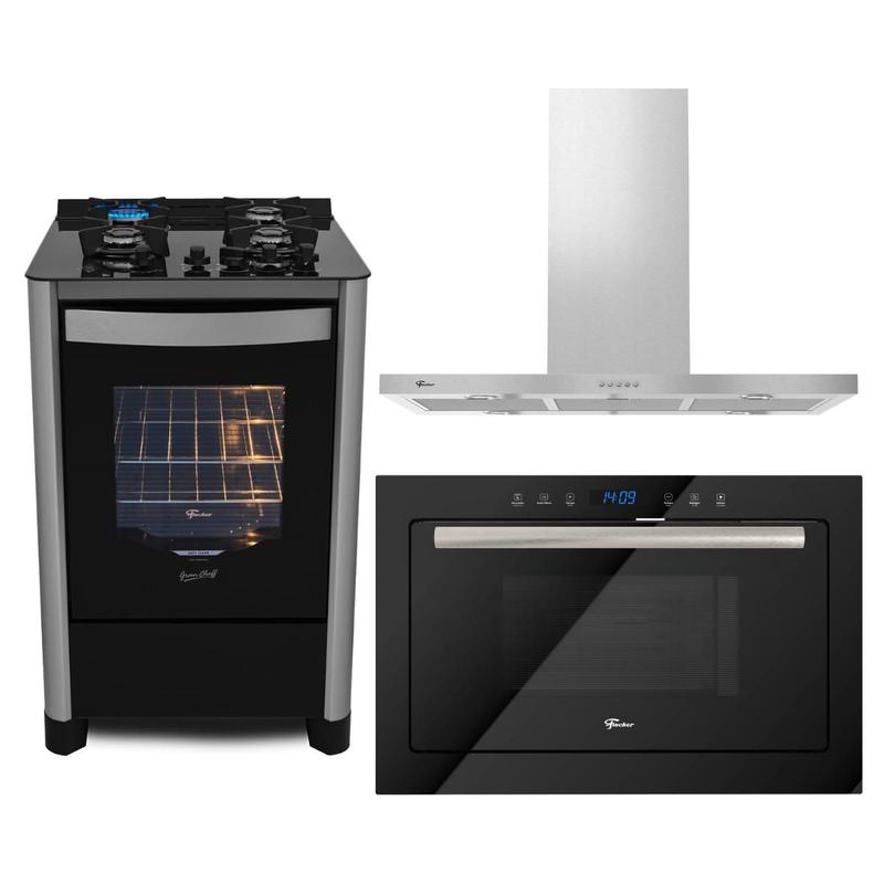 Kit Gran Cheff Fischer Coifa Ilha Fogão de Piso 4B e Microondas Touch Infinity