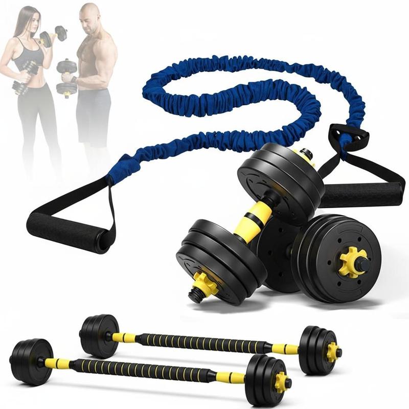 Kit Halteres Anilha Barra 3 em 1 Musculacao Peso Academia Ajustavel 20kg com Elastico Extensor