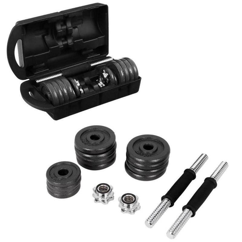 Kit Halteres e Anilhas Barras Musculação 19 Peças Completo, 15 kg, Design Funcional, Preto