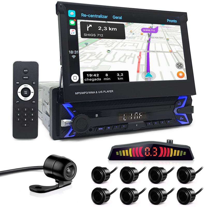 Kit Multimídia Tela Retrátil + Câmera Ré + Sensor 8 Pontos Preto Sentra 2014 2015 2016 2017 2018 2019 2020 Espelhamento