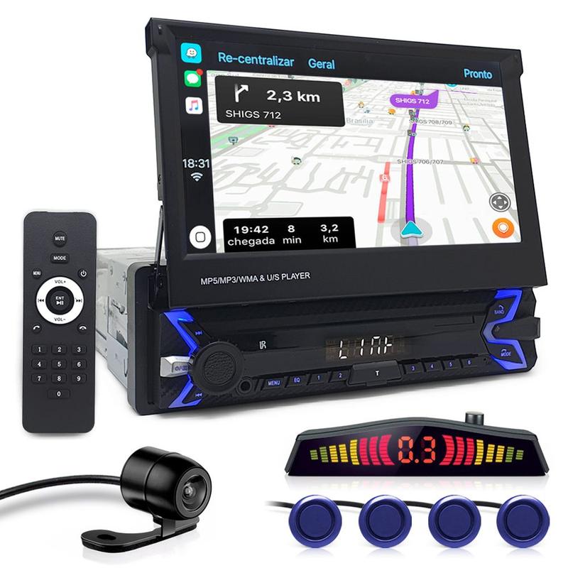Kit Multimídia Tela Retrátil + Câmera Ré + Sensor Ré Azul Prisma 2017 2018 2019 2020 Espelhamento USB