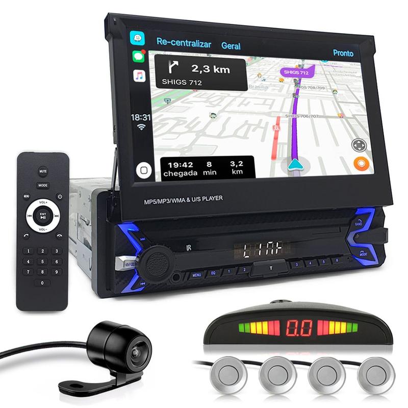 Kit Multimídia Tela Retrátil + Câmera Ré + Sensor Ré Prata New Fit 2015 2016 2017 2018 2019 2020 Espelhamento USB
