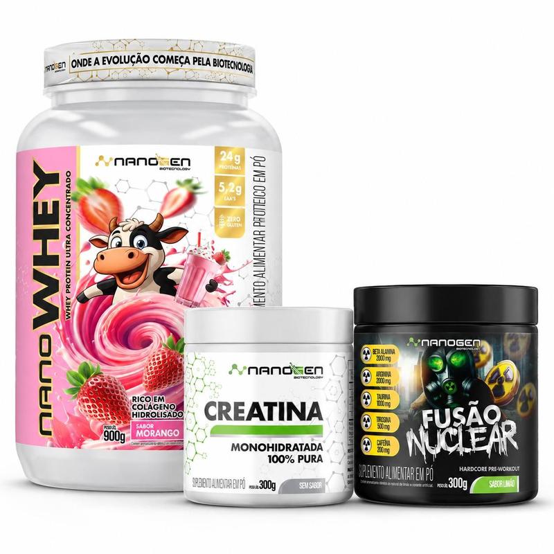 Kit Nanogen Whey Protein 900g + Creatina 300g + Pré Treino Fusão Nuclear 250g