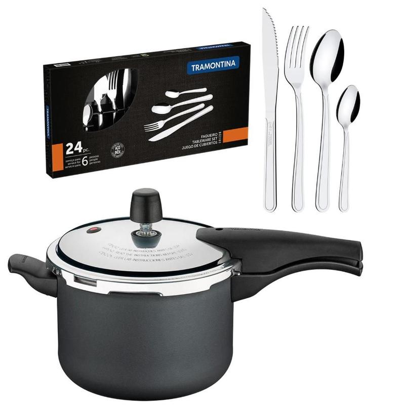 KIT - Panela de Pressão 4,5L Vancouver Grafite + 1 Faqueiro Inox 24pç - Tramontina
