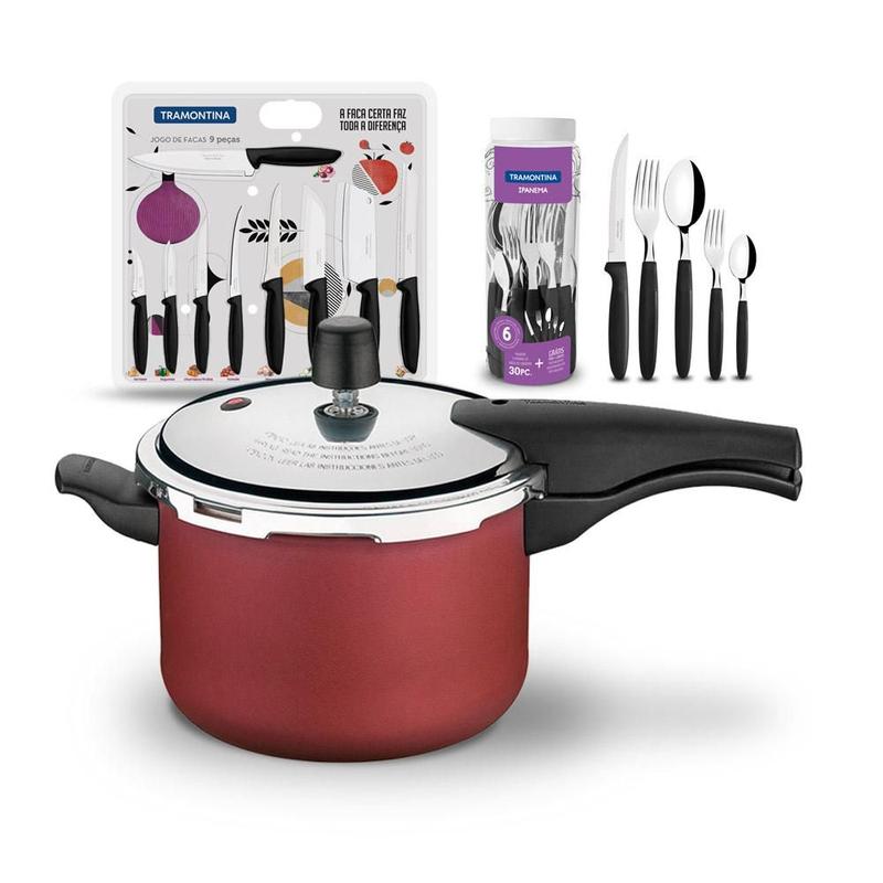 KIT - Panela de Pressão 4,5L Vermelha + 1 Faqueiro 30pç + 1 Conjunto Facas 9pç - Tramontina