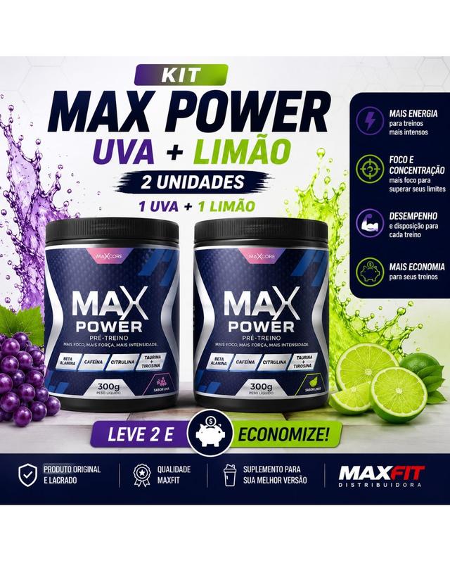 Kit Pré-Treino Max Power 300g Uva + Limão (2 Unidades)