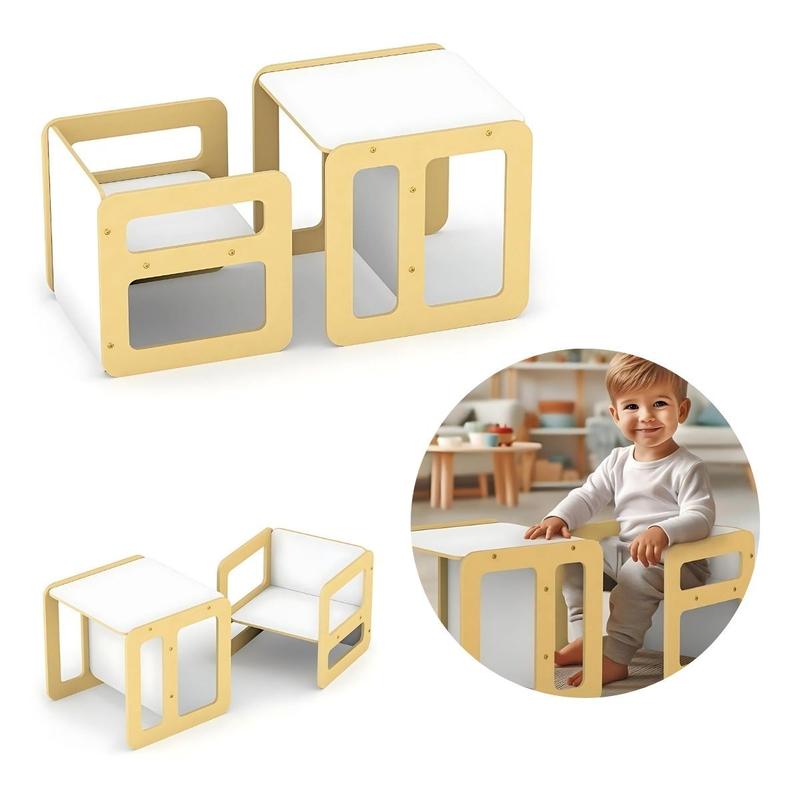Mesa e Cadeira Cubo Montessori Móvel Infantil Educativo Multifuncional Madeira Criança 2 anos Junges