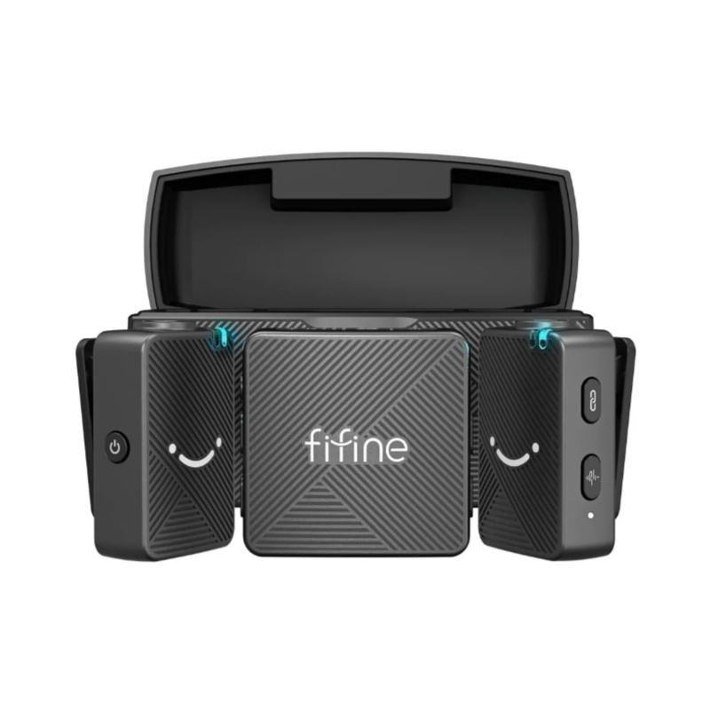 Microfone de Lapela Sem Fio Fifine M9 Duplo 2.4GHz 48kHz USBC iPhone Android Câmera Preto