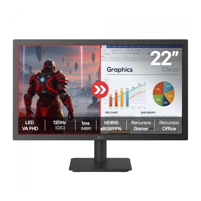 Monitor LG FHD Home & Office 22U403A-B 22”, 1ms (MBR), 120Hz (O/C), Modo leitura, Flicker Safe, HDMI, Switch, Black Stabilizer, Dynamic Action Sync