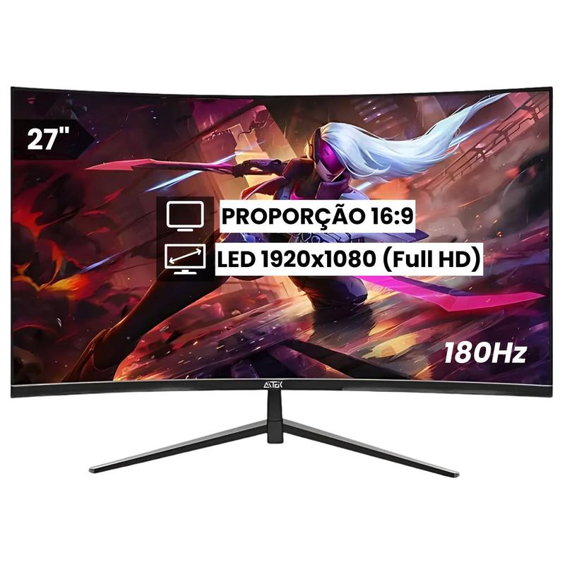 Monitor Curvo Gamer LCD 27" 180Hz 1ms Full HD Conexão HDMI e DisplayPort Para Jogos e Filmes