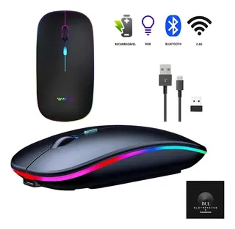 Mouse Sem Fio Ergonômico RGB Silencioso e Recarregável