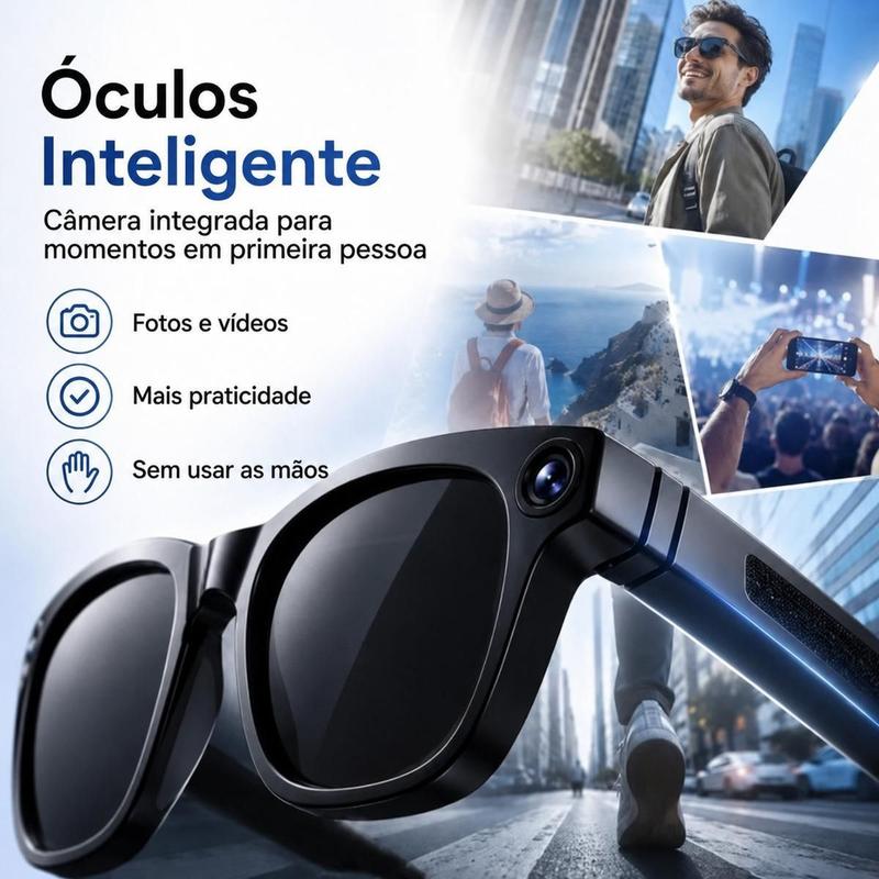 Óculos Inteligente com Câmera 4K Microfone e Reconhecimento de Voz