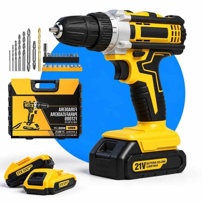 Parafusadeira Furadeira Impacto 21V Bivolt Sem Fio 2 Baterias recarregáveis Maleta Kit Profissional