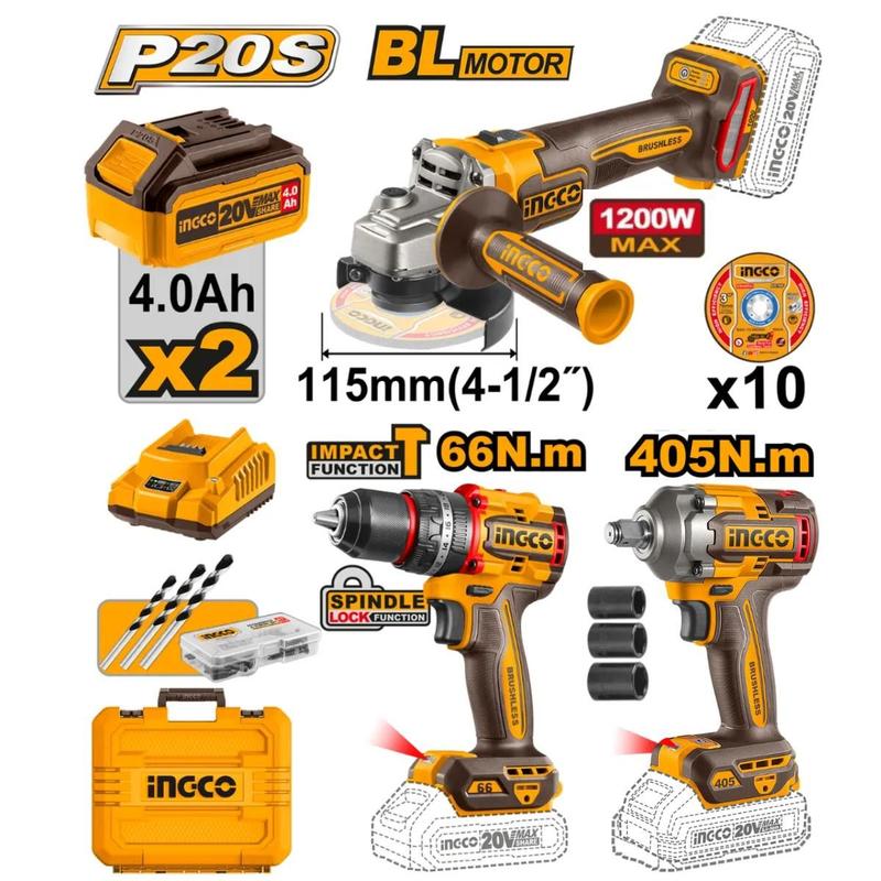 Parafusadeira Furadeira Ingco 20V + Esmerilhadeira + Impacto