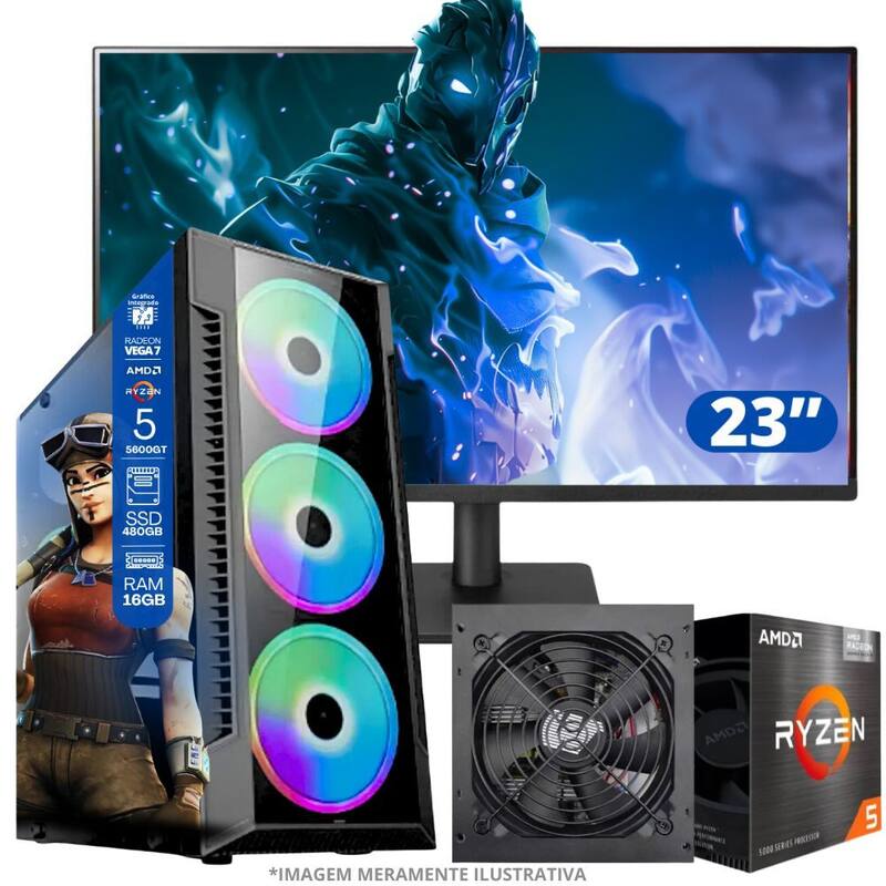 PC Gamer AMD Ryzen 5 4600G, 16GB RAM, Placa de video Radeon Vega 7, SSD 480GB, Fonte 550W Monitor 23 LED 75hz