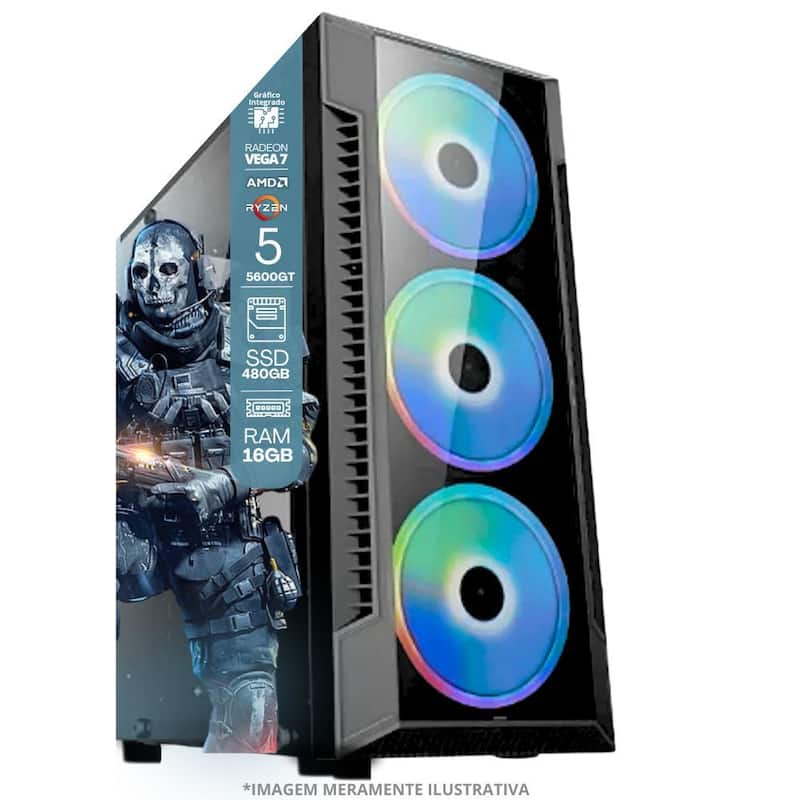 PC Gamer AMD Ryzen 5 4600G, 16GB RAM, Placa de video Radeon Vega 7, SSD 480GB, Fonte 550W