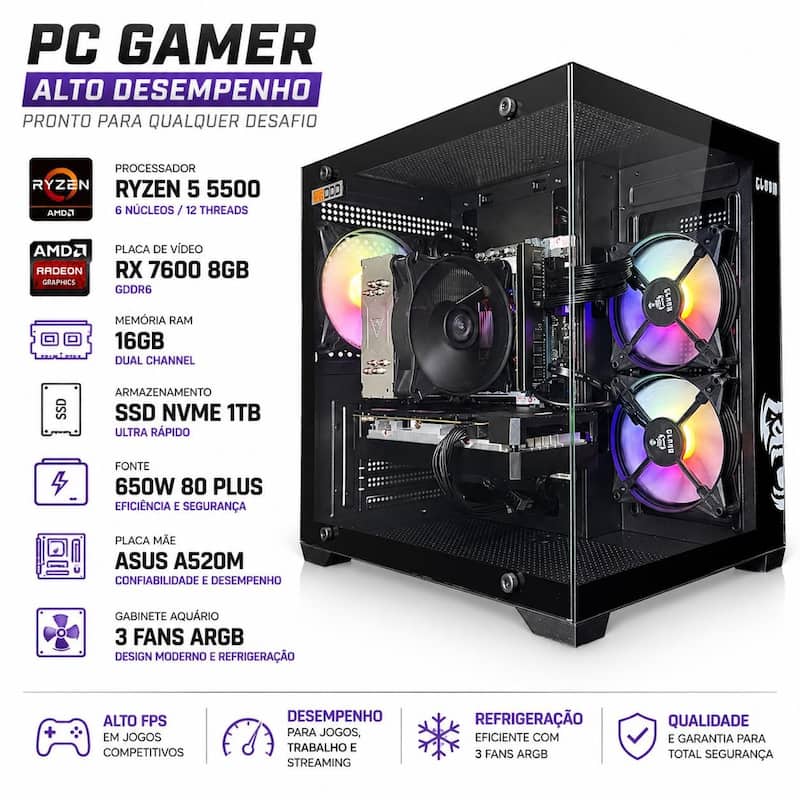 PC Gamer AMD Ryzen 5 5500 RX 7600 8GB 16GB RAM SSD NVMe 1TB Alto Desempenho