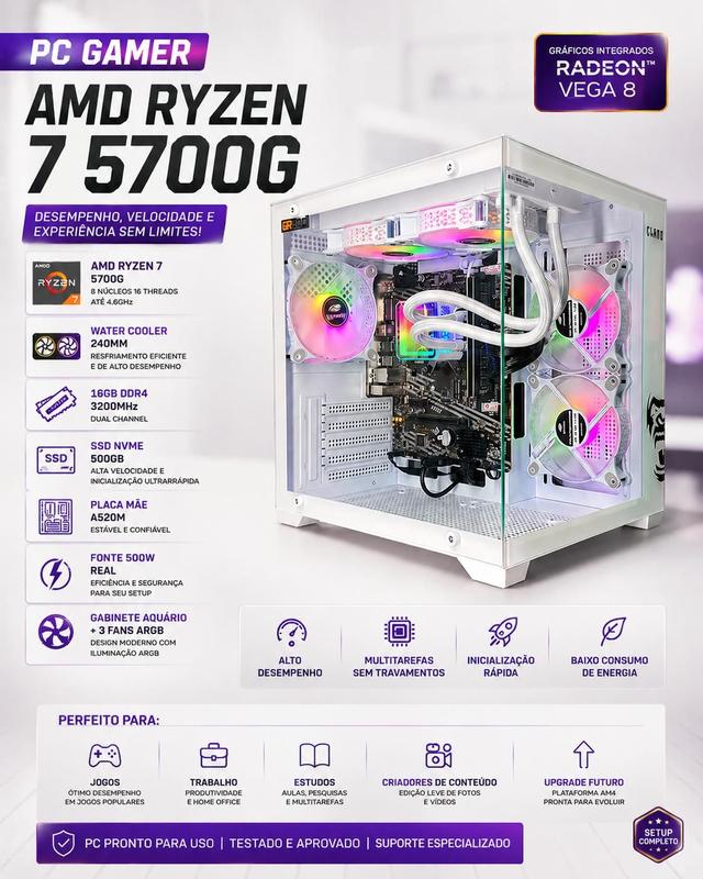 Pc Gamer Aquario Ryzen 7 5700g 16gb 500gb Water Cooler 240mm