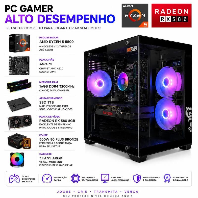 Pc Gamer Ryzen 5 5500 16gb de RAM Ssd 1tb Placa De Video 8gb Windows 11