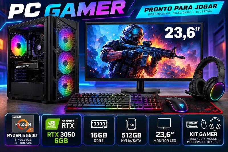 PC Gamer Ryzen 5 5500 + RTX 3050 6GB 16GB DDR4 SSD 512GB Monitor 23,6 Kit Gamer