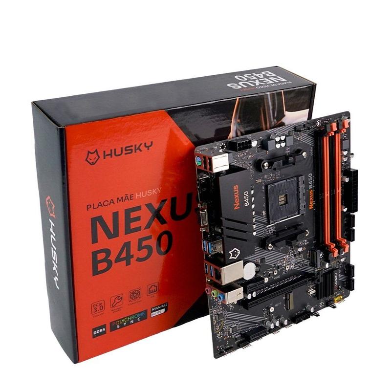 Placa-Mãe Husky Nexus B450, M.2 NVMe, DDR4 3200MHz, Ryzen 5000/3000/2000, Micro-ATX, 64GB Dual Channel - HPM450