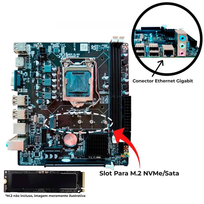 Placa Mãe Soquete 1155 H61 DDR3 - Com Slot Para SSD M2 - PCi Express e HDMI Goldentec - Gt-H61 M2, Rede Gigabit S/ Caixa