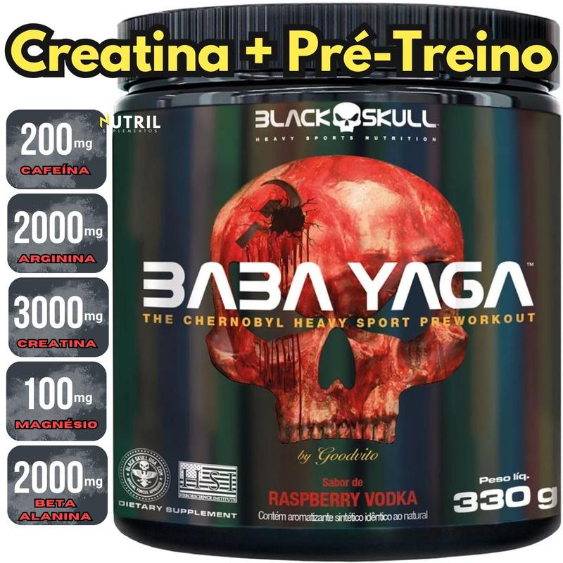 Pré Treino Forte Black Skull Mais Energia, Foco e Disposição Baba Yaga 330g para o Treino Raspberry