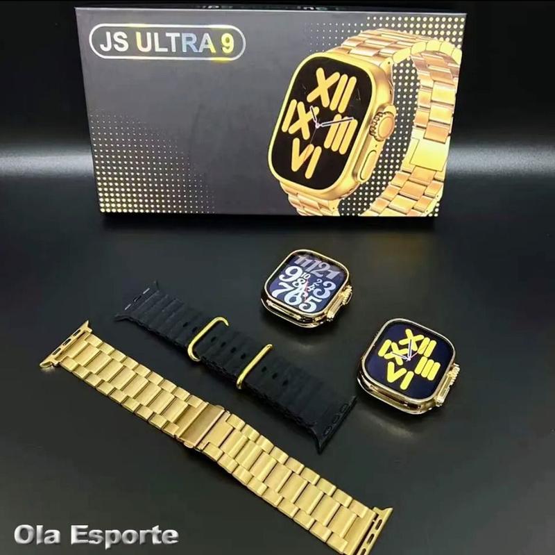 Relógio Inteligente Smart watch JS Ultra 9 Dourado Troca Foto de Fundo Duas Pulseiras