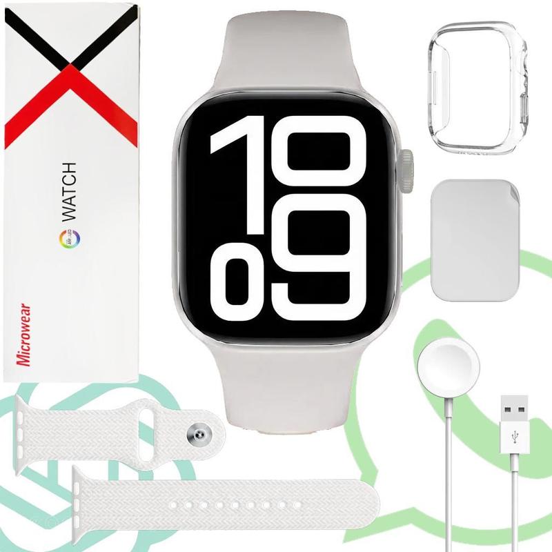 Relógio Smartwatch W10 Pro Prata com Pulseira Branca 46mm Serie 10 com GPS Ligações WhatsApp ChatGPT