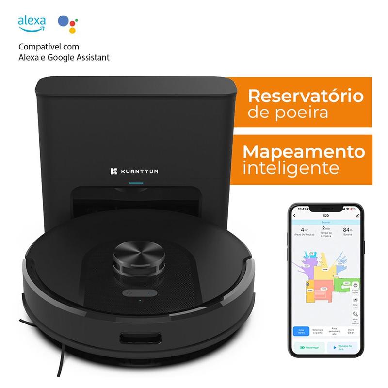Robô Aspirador Kuanttum X10 Preto 110V Laser WiFi 10000Pa Mop Smart Tuya C Base Autolimpante