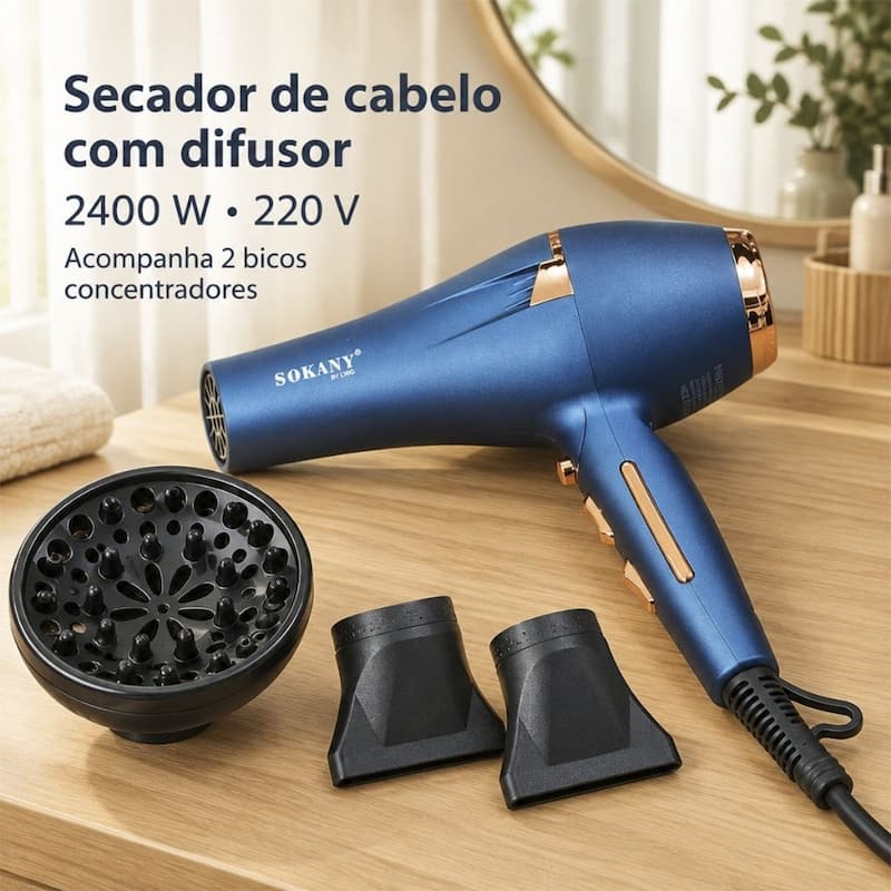 Secador de Cabelo 2400W 220V com Difusor para Cachos e 2 Bicos Concentradores com Função Ar Frio