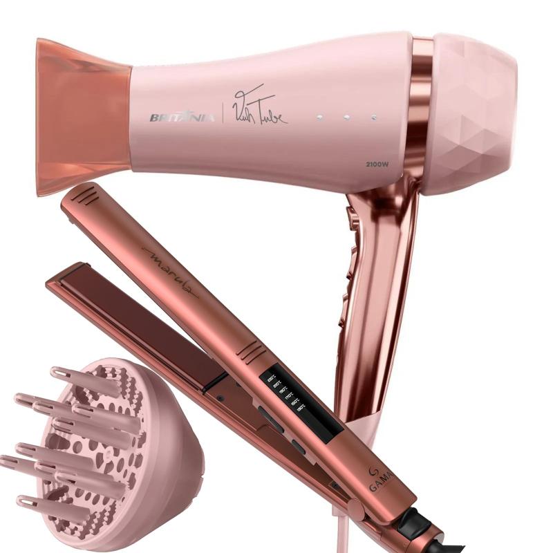 Secador De Cabelo Britania Profissional 2100w Ions Tourmaline Quente Frio Difusor Cachos Prancha de Cabelo Gama Italy Digital 450ºf