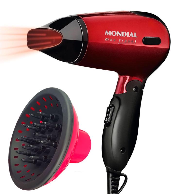 Secador de Cabelo Mondial 1200w Ions Tourmaline Mini Dobrável Viagem Vermelho Sm13 Bivolt Difusor Cachos