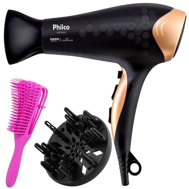 Secador De Cabelo Philco Profissional 2200w Ion Ar Quente Frio Stilus Difusor Cachos Bivolt Acess