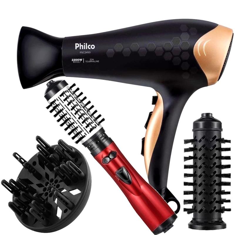 Secador De Cabelo Philco Profissional 2200w Ion Ar Quente Frio Stilus Difusor Cachos Escova Rotativa Protect